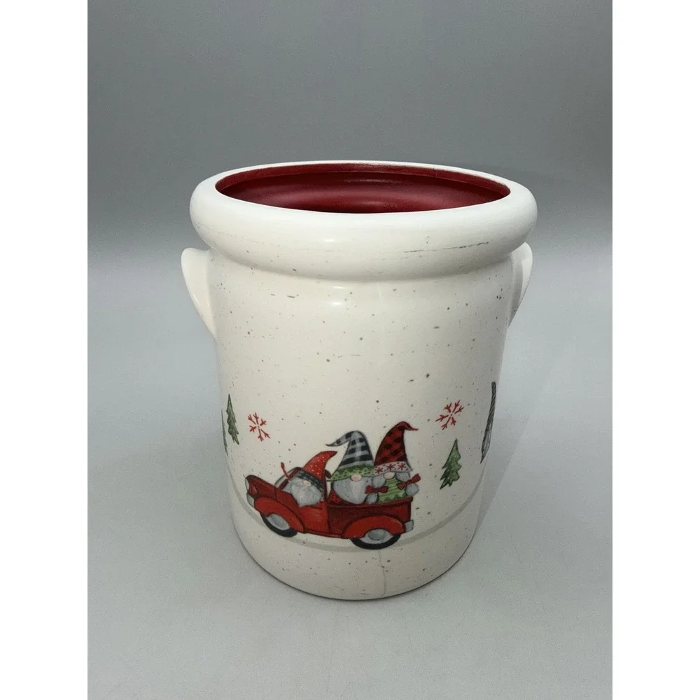 Peppermint & Pine Christmas Gnome Stoneware Utensil Crock Red Truck Holiday